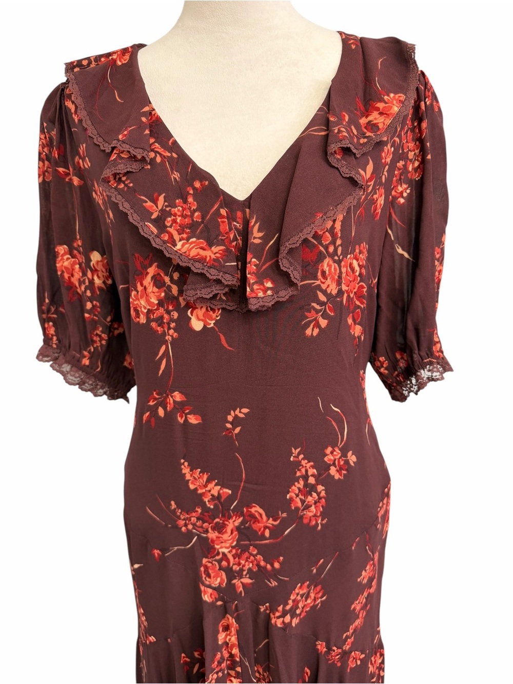 Reformation Evra Lace Georgette Burgundy Maxi Dress with Rust Floral Print - Picture 6 of 13